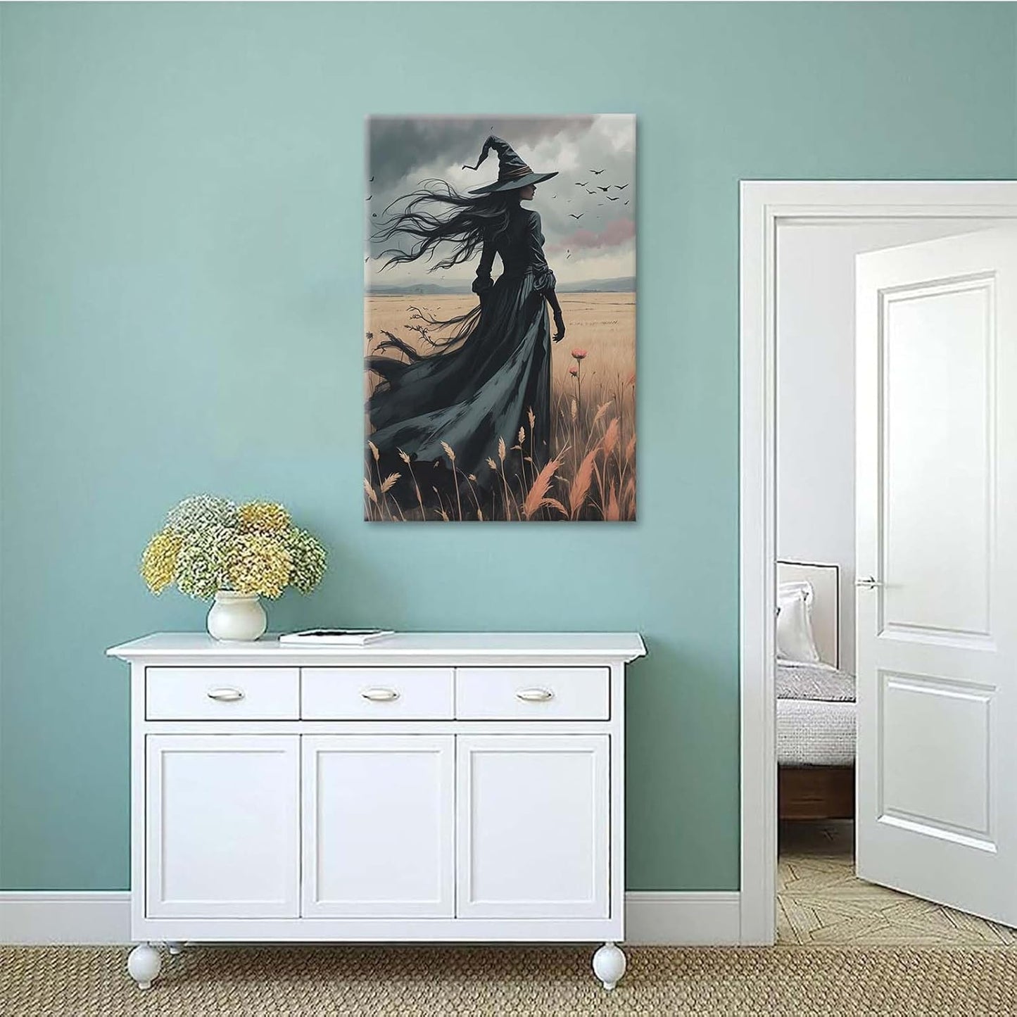 JFHCQJPK Gothic Decor Canvas Wall Art Witch in Rice Field Halloween Art Decor Print Nature Print Victorian Home Bedroom12x16in Frameless