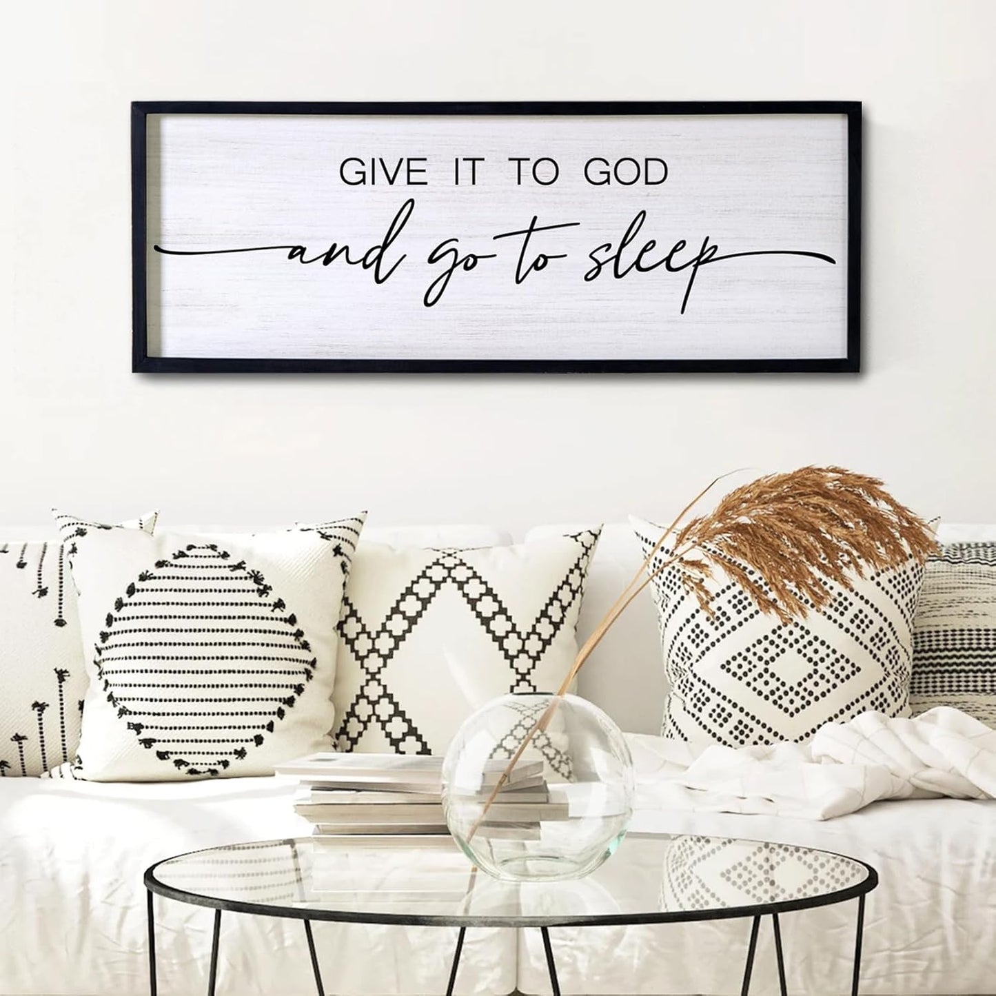 Give It to God and Go to Sleep Decorative Rustic Sign & Plaque Framed Wall Art for Couples, 40''×15'' Cottagecore Wooden Horizontal Wall Decor Above Bed, Vintage Farmhouse Wedding Gift for Bedroom