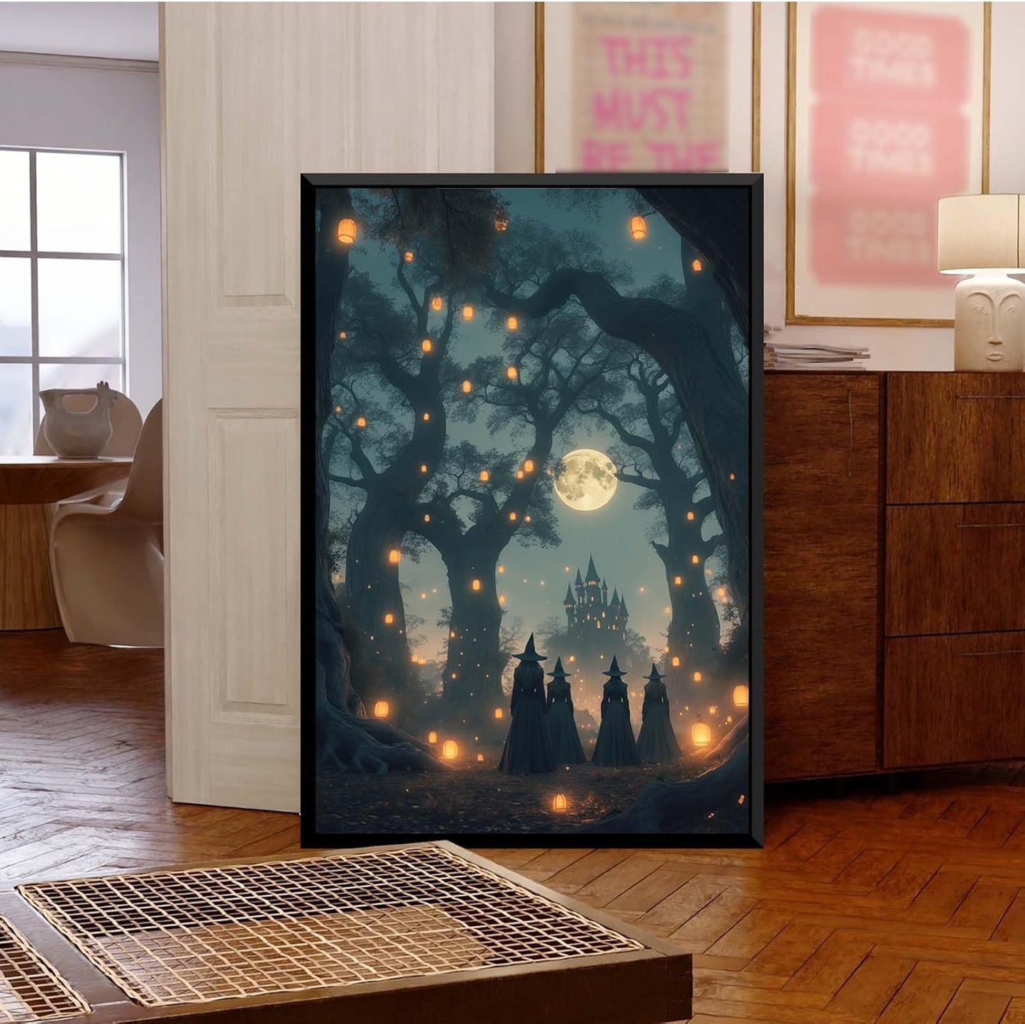 JFHCQJPK Mysterious creek painting witch and castle in magic forest art print canvas gothic print dark college decoration poster for home bedroom20x30in Metal blackFramed