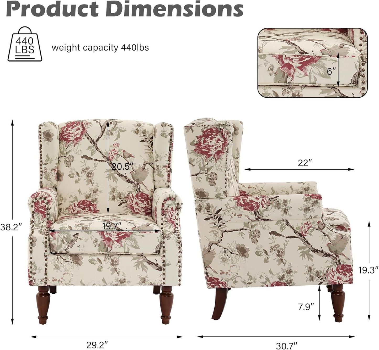 UIXE High Back Floral Accent Chairs Set of 2, Fabric Upholstered Armchair for Living Room, Retro Wingback Arm Chair with Solid Wood Leg, Nailhead Trim Single Sofa Bedroom Reading Seat - Beige