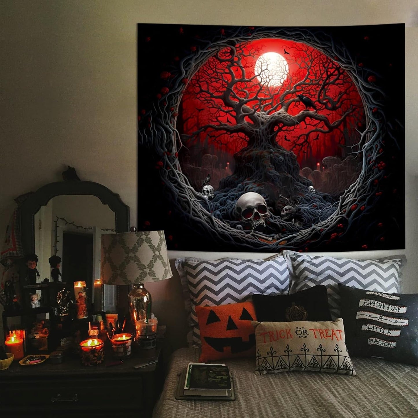 Atrippy Halloween Black Red Anime Tapestry, Gothic Dark Forest Moon Wall Hanging, Nature Skull Withered Tree Landscape Tapestries for Bedroom Living Room Men Dorm 51x 60 Inches