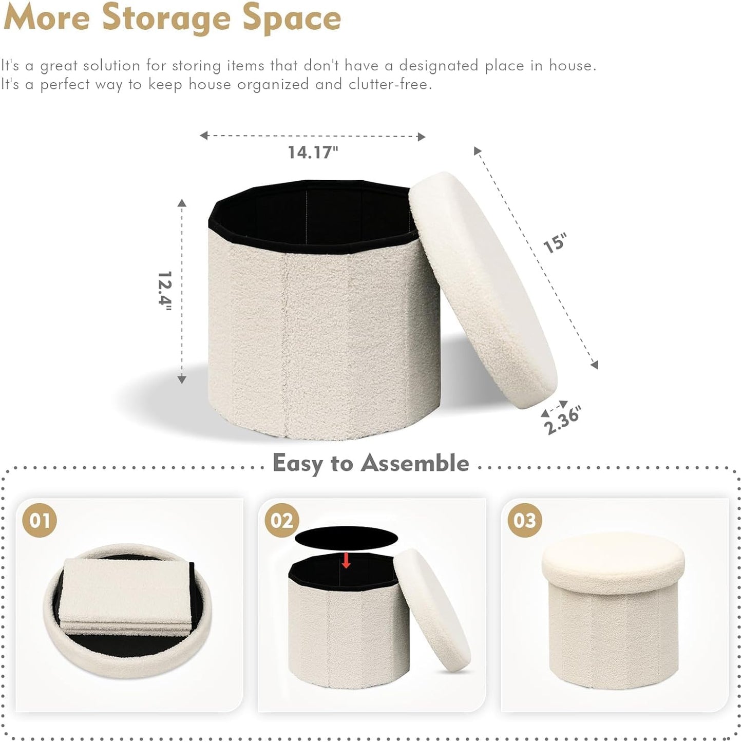 B FSOBEIIALEO Storage Ottoman Cube, Round Ottomans with Storage Foot Stool Footrest for Lving Room, Boucle Ottoman Seat for Dorm Room,Faux Teddy Fur, Cream White 15"x15"x15"