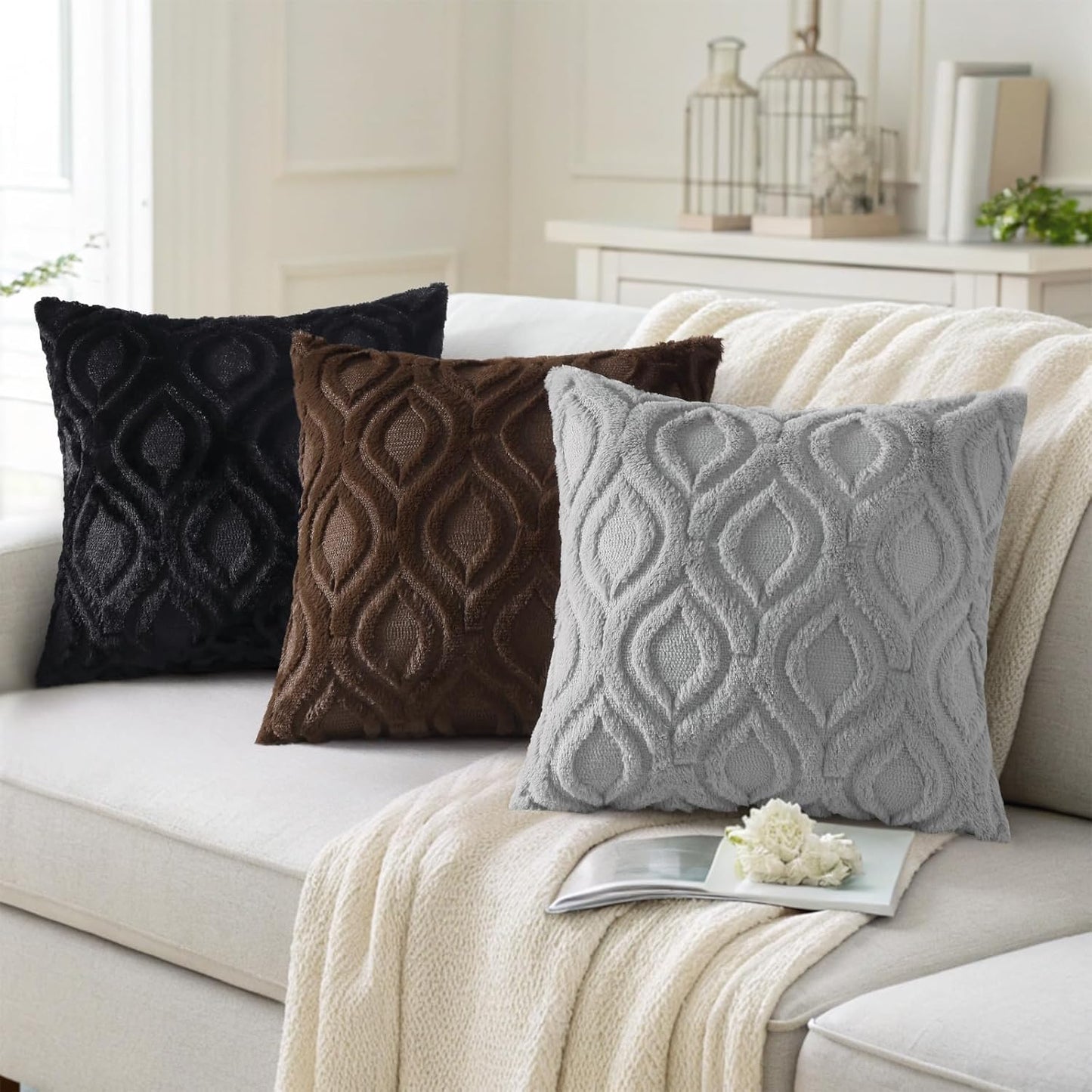 decorUhome Throw Pillow Covers 16x16 Inch Set of 2, Soft Plush Decorative Faux Fur Dark Brown Solid Couch Pillow Covers, Accent Farmhouse Neutral Square Euro Pillow Cases for Sofa Bed Living Room