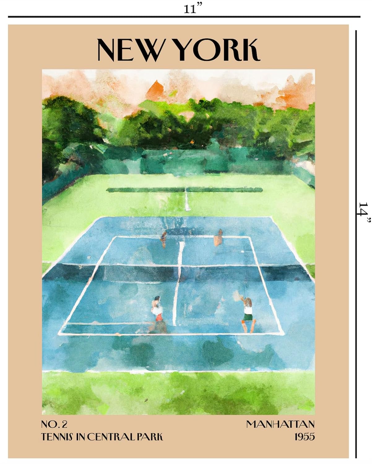 Retro Vintage New York Wall Art Print - 11x14 Unframed Poster - New York City Souvenirs, Cute Trendy Colorful Wall Decor (Tennis Courts, 11x14")