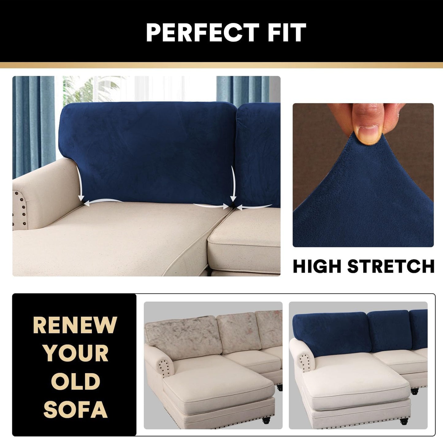 PrinceDeco Sectional Couch Covers Velvet Cushion Covers for Sectional Couch Washable Cushion Covers for Sectional Sofa Pet Friendly Sectional Sofa Slipcovers(1 Chaise Back+ 3 Sofa Back,Navy)