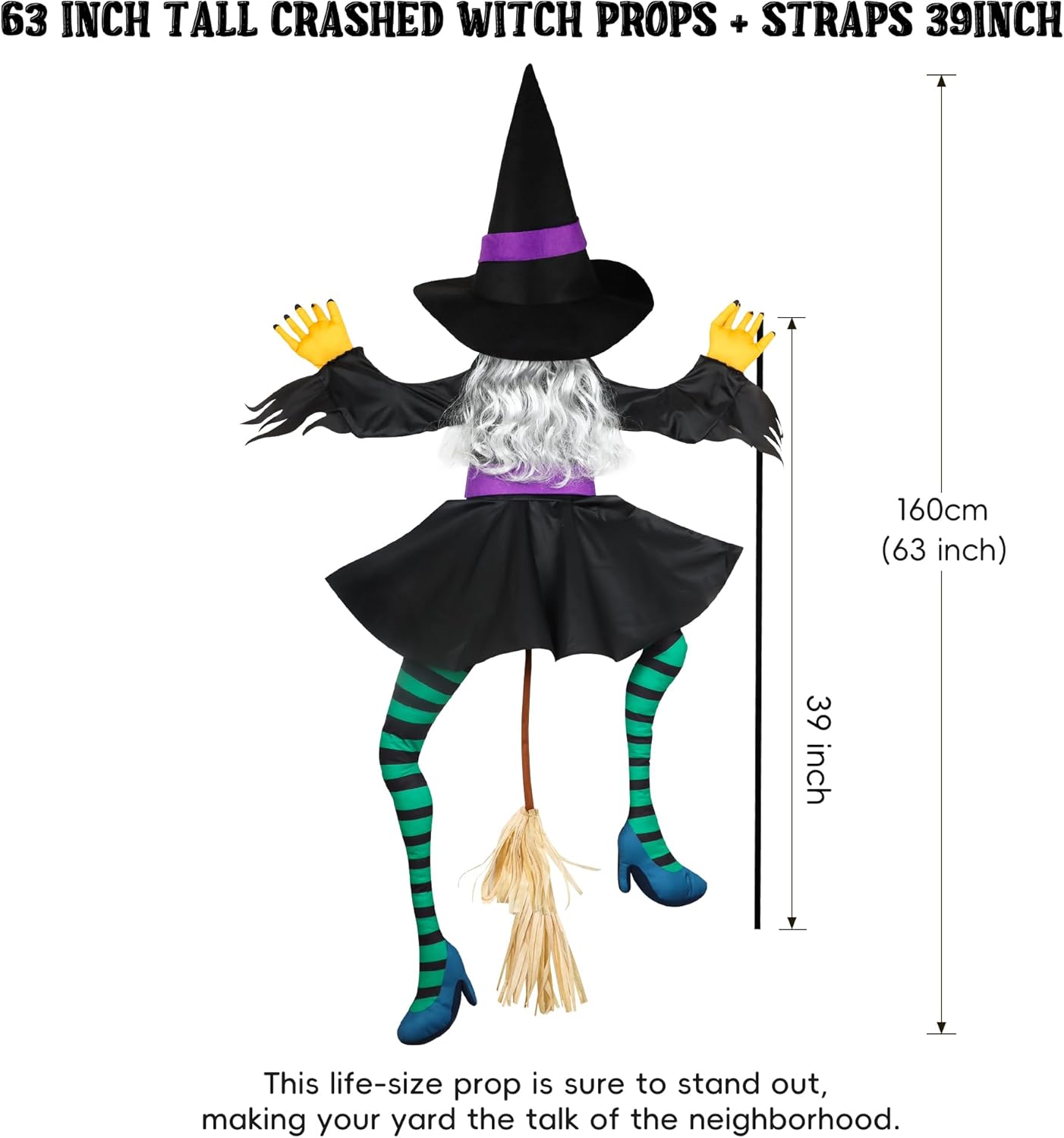 POPGIFTU 63" Crashing Witch Halloween Decoration – Flying Witch on Broom Into Tree Outdoor Yard Prop for Porch, Lawn, Garden, Pillars, Door, or Haunted House Decor