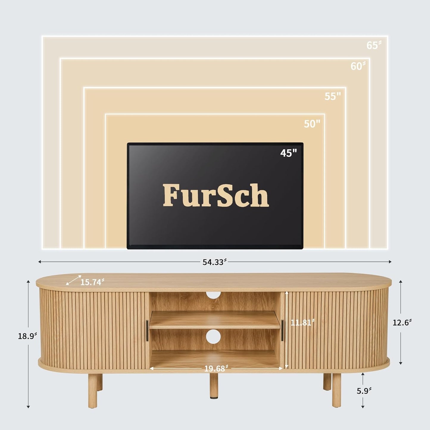 54" Tambour Door TV Stand,Wood Mid Century Modern TV Cabinet for Up to 65“ TV,Curved Edge Long TV Stand with Storage for Bedroom Living Room(Natural, 54inch)