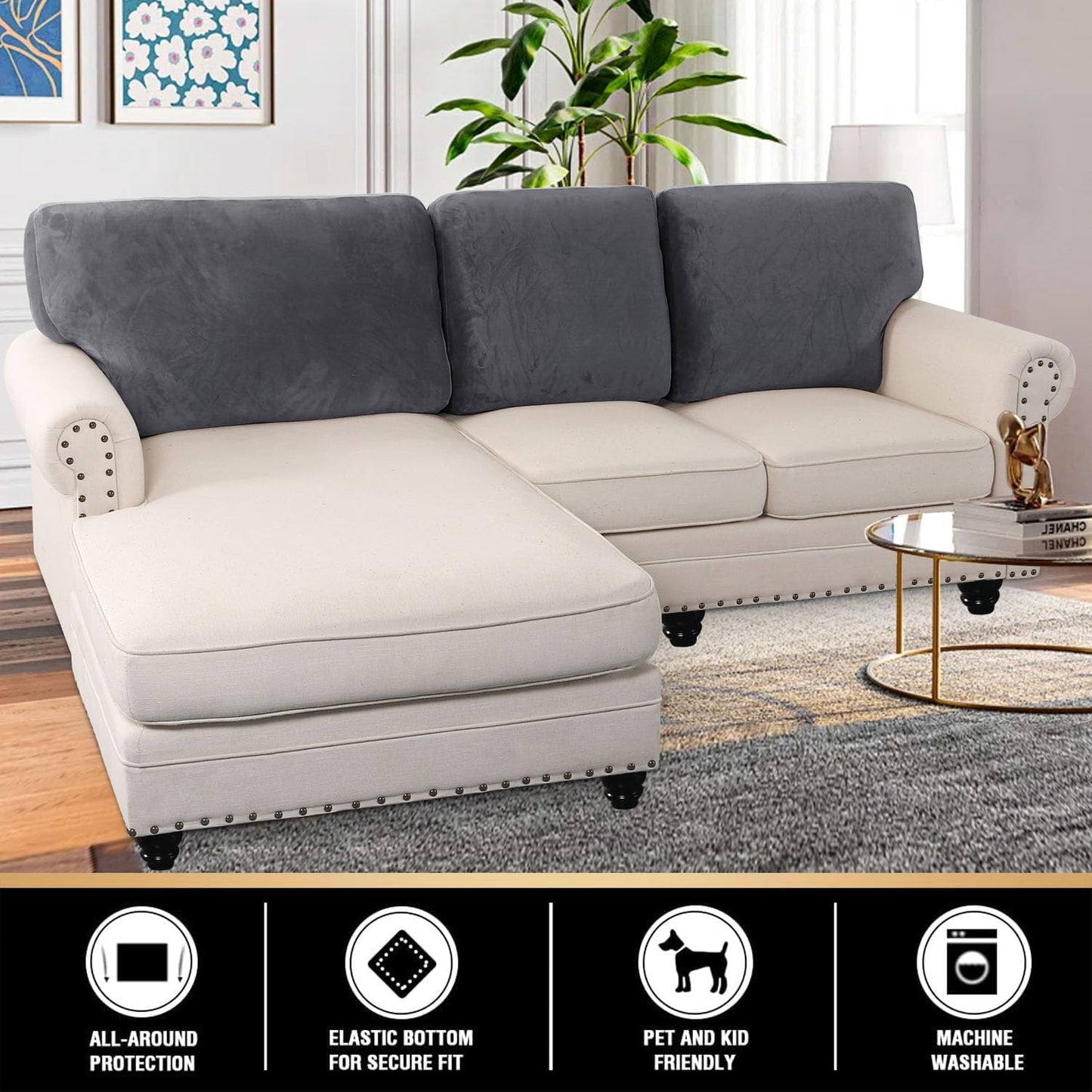 PrinceDeco Sectional Couch Covers Velvet Cushion Covers for Sectional Couch Cushion Covers for Sectional Sofa Separate Sectional Sofa Slipcovers Washable(1 Chaise Back+ 2 Sofa Back,Grey)