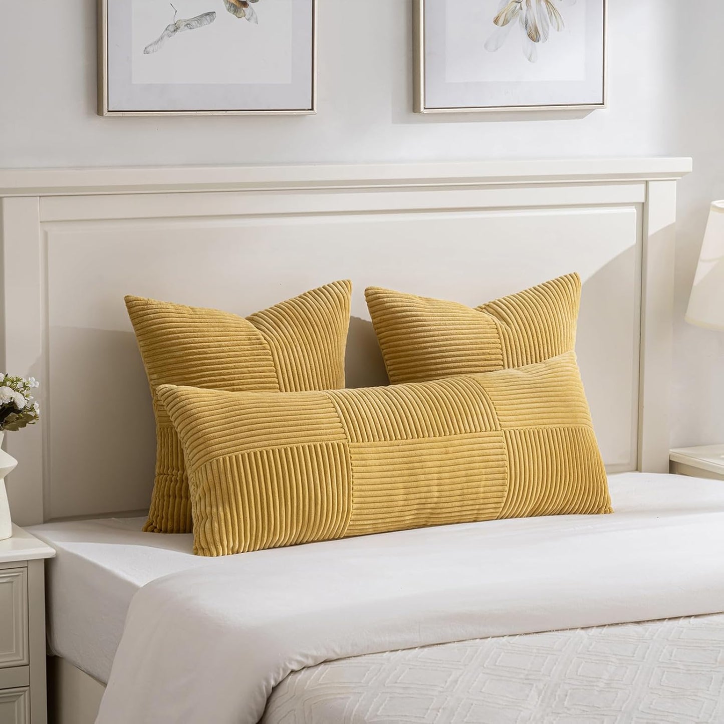 Fancy Homi 2 Packs Mustard Yellow Lumbar Decorative Throw Pillow Covers 12x20 Inch for Living Room Couch Bed, Rustic Farmhouse Boho Home Decor, Soft Striped Corduroy Rectangle Accent Cushion Case