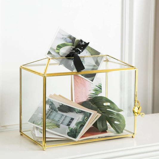 Glass Wedding Card Box with Slot, Large Clear Card Box 10.2 inch Gold Brass Gift Card Storage Box with Lock for Wedding Receptions, Baby Shower, Birthday Party, Bridal Shower