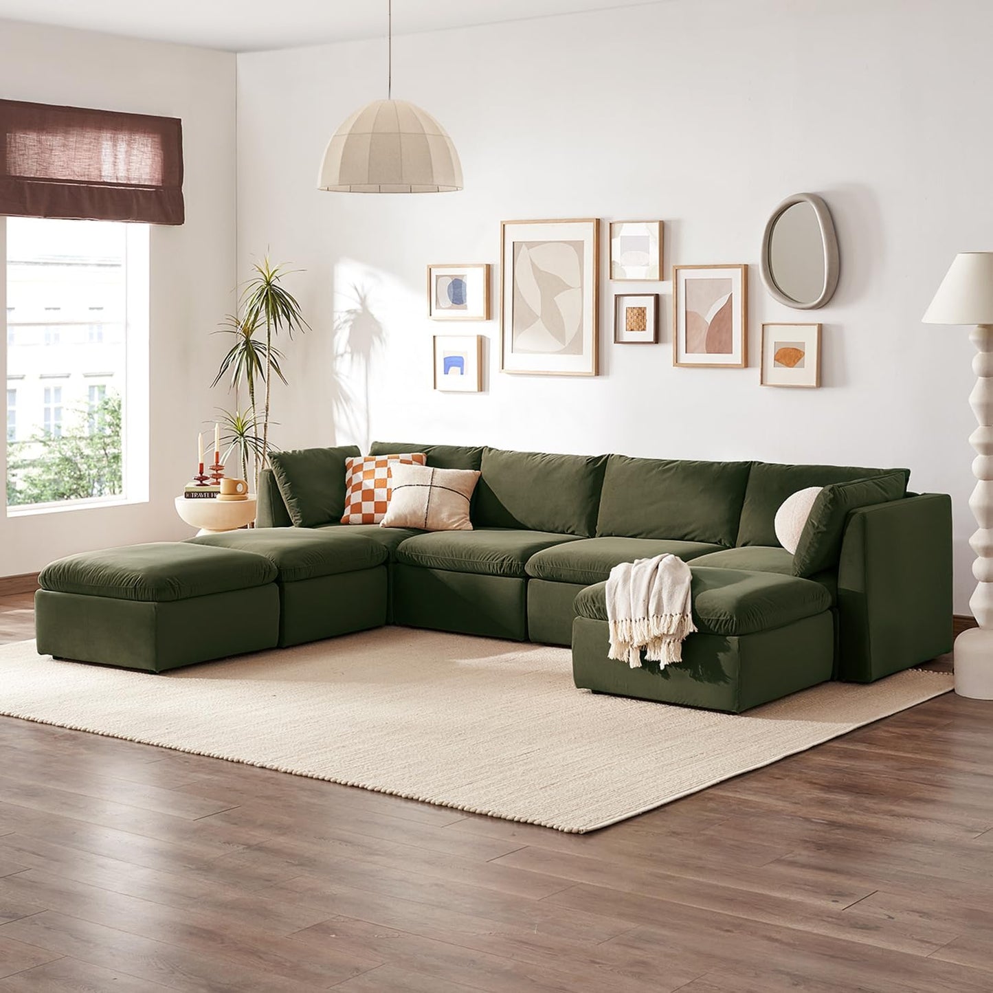 mopio Oversized Modular Sectional Sofa with Fully Removable Covers and Storage, Convertible U, L-Shaped and Sleeper Sectional, Modern Couches with Ottoman Chaise (Olive Green Velvet, 7 Seats, U)