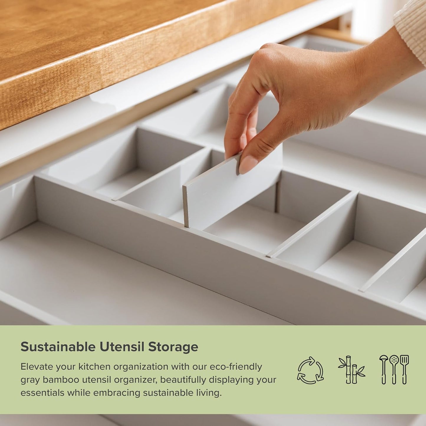 Adjustable Kitchen Drawer Organizer for Utensils and Junk, Food-Safe Contract Grade with 100% Sustainable Wood, Expandable from 19 to 33 Inches Wide - Gray Bamboo