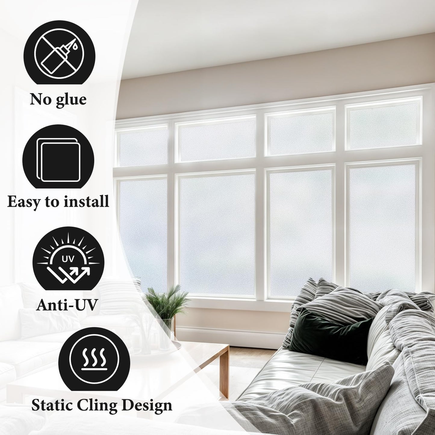 DUOFIRE Privacy Window Film Natural Frosted Glass Film Static Cling Glass Film No Glue Anti-UV Window Sticker Non Adhesive for Privacy Office Meeting Room Bathroom Living Room 47.2in. x 157.4in. S001