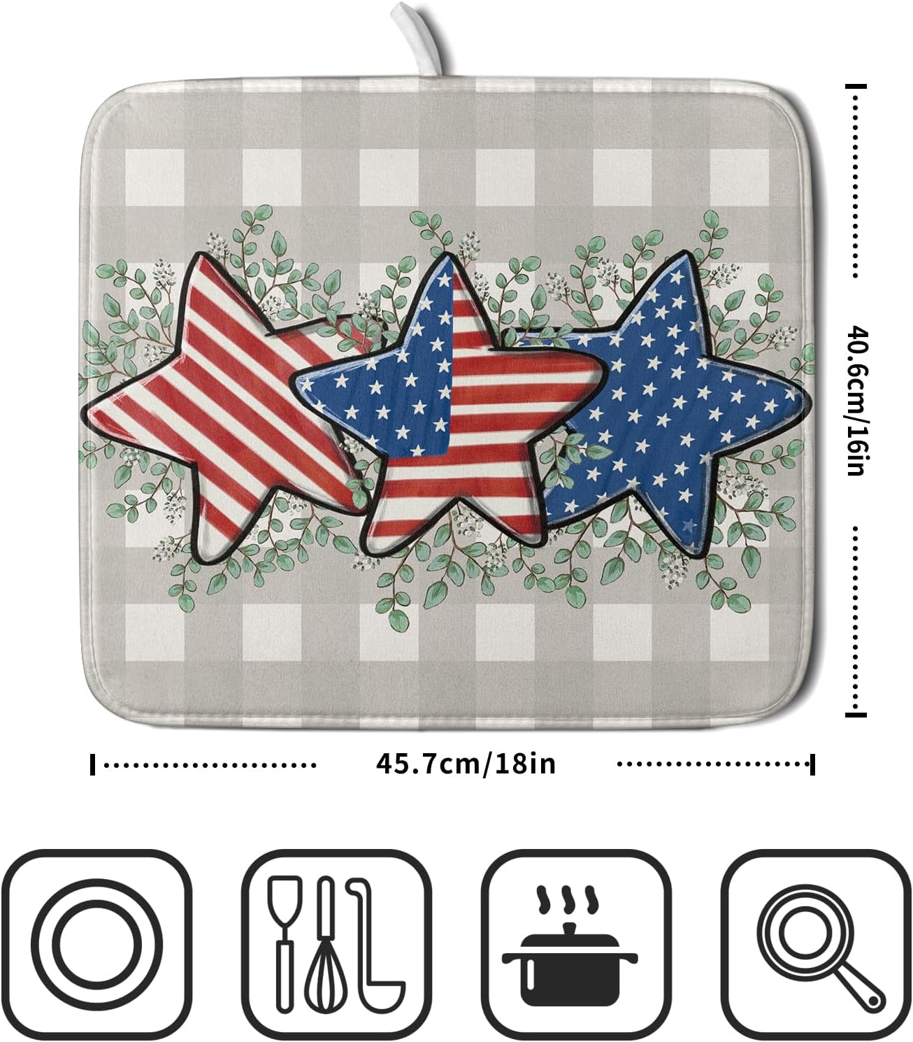 Patriotic Dish Drying Mat for Kitchen Counter Cute Stars 4th of July Holiday Absorbent Reversible Microfiber Kitchen Countertop Protector Dishes Pad Small 16x18 inch