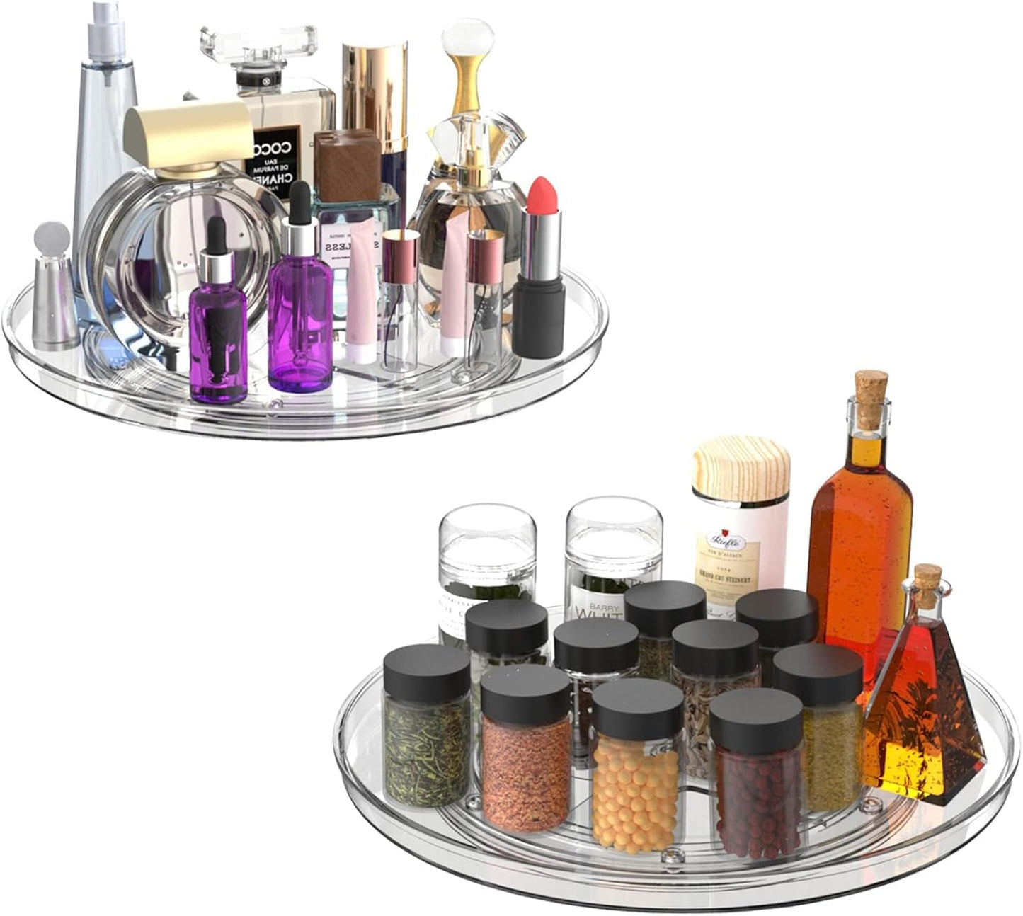 URALFA Lazy Susan Organizer for Cabinet 2 Pack, 10.6" Clear Lazy Susan Turntable Rotating Organizer, Plastic Organization and Storage Spinning Spice Rack for Kitchen, Bathroom, Pantry, Fridge, Table
