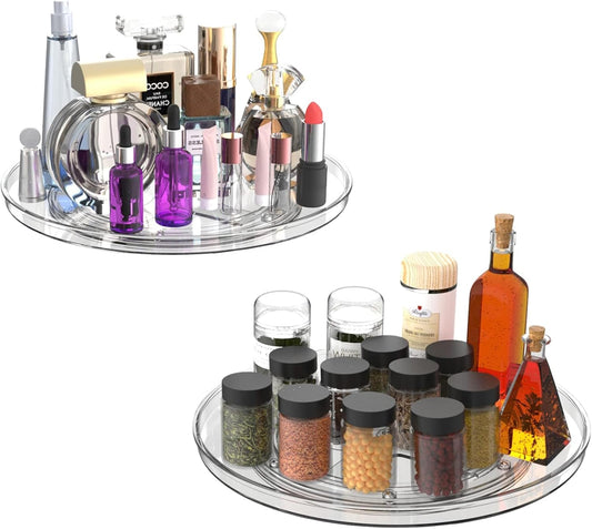 URALFA Lazy Susan Organizer for Cabinet 2 Pack, 10.6" Clear Lazy Susan Turntable Rotating Organizer, Plastic Organization and Storage Spinning Spice Rack for Kitchen, Bathroom, Pantry, Fridge, Table