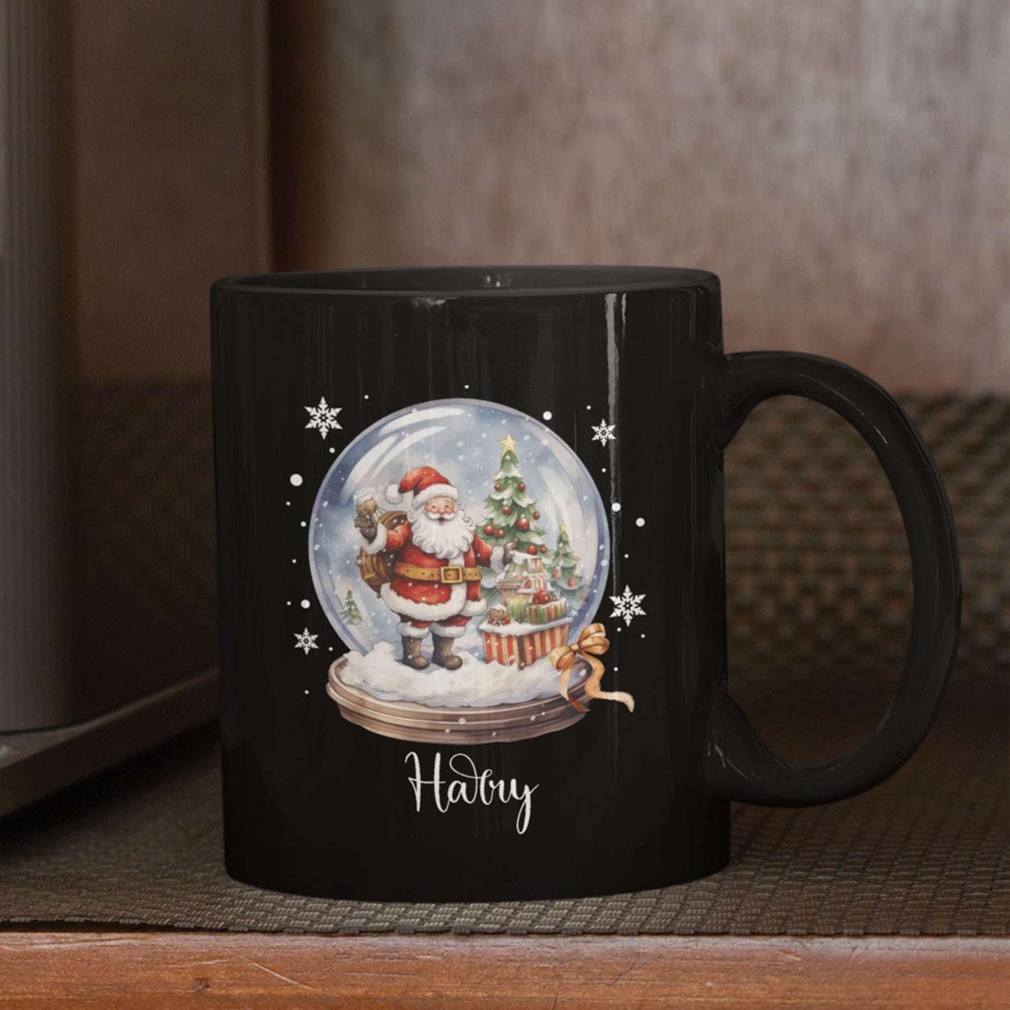 Custom Snow Ball Design Mug With Name, Personalized Black Cup 11oz 15oz, Snow Ball With Santa Claus And Christmas Tree Inside Design, Customized Christmas Themed Coffee Cup