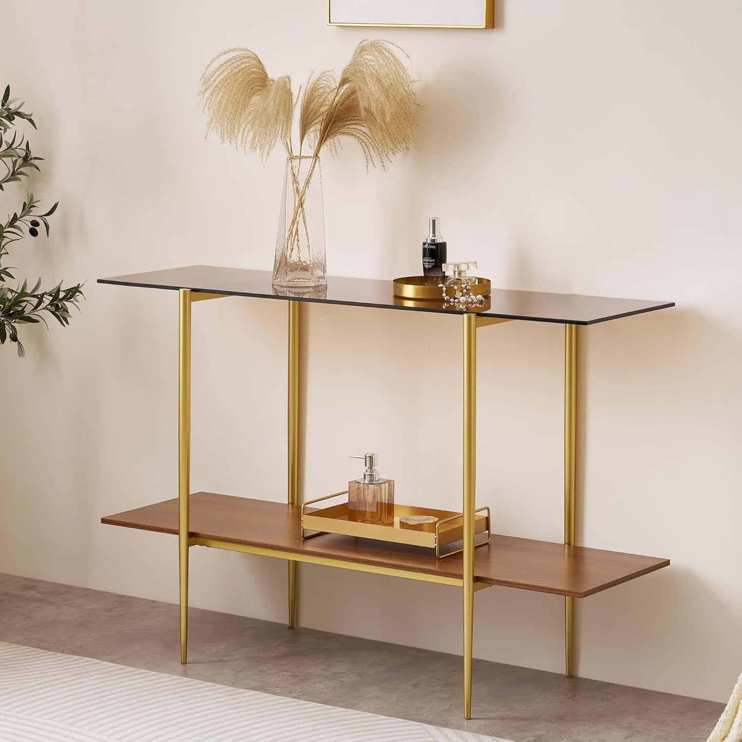 Extra Large Glass Console Table for Living Room, Foyer & Entrance, L47 x W16 x H31, Mid-Century Modern Sofa Table with Amber Glass Top, Walnut Finish Wood Top and Gold Finish Metal Frame