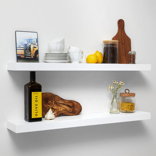 Homeforia White Floating Shelves 36 inch, High End Solid Real Wood 36inch Floating Shelf for Wall Mounted, White Wooden 36in Long Floating Shelves, Heavy Duty Bracket, 36 X 6.5 X 1.75 inches, Set of 2