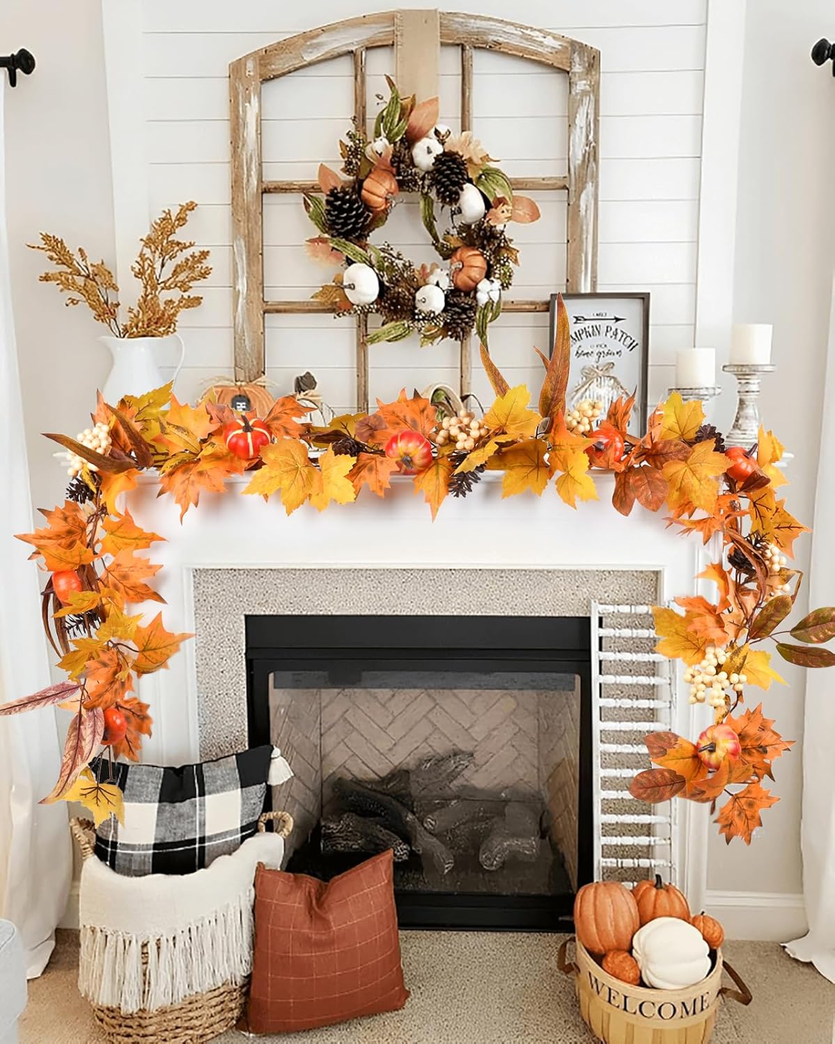 DearHouse Fall Maple Leaves, 6ft Artificial Autumn Foliage Thanksgiving Decor for Home, Wedding, Fireplace, Party, Christmas (Yellow&Brown)