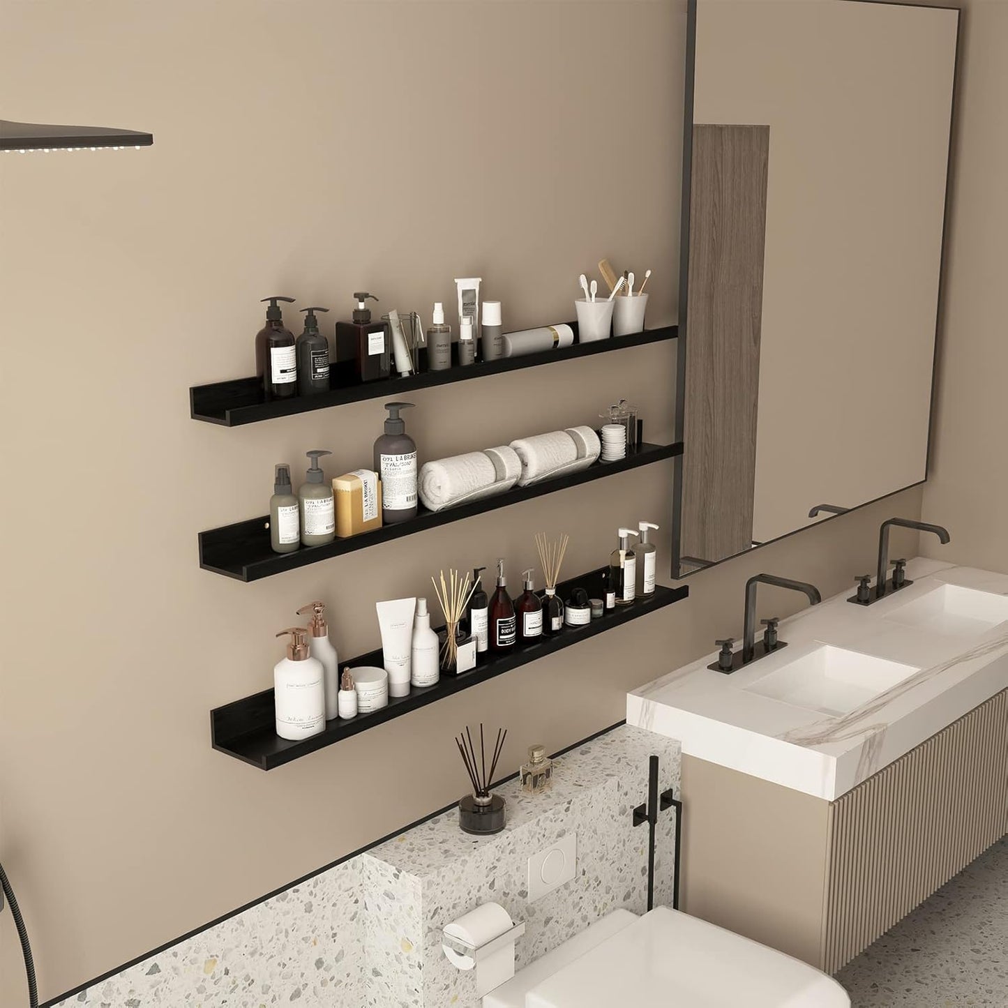 Giftgarden 47 Inch Black Floating Shelves Ledge, Wall Mount Long Picture Rail Large Woodgrain Photo Shelving for Living Room Bedroom Office, Set of 3 Different Sizes