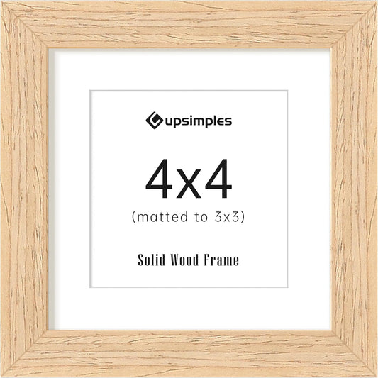 upsimples 4x4 Picture Frame, Natural Solid Wooden Picture Frames, Display 3x3 with Mat or 4 x 4 Without Mat, Wall or Tabletop, 1 Pack, Natural