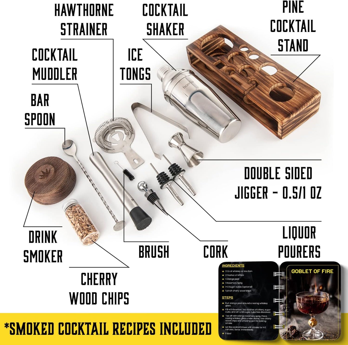 Bartender Kit with Whiskey Smoker - 13 pcs, Pine Stand - Bar Set with Cocktail Shaker, Bartending Kit with Essential Bar Accessory Tools, Wood Chips, Steel