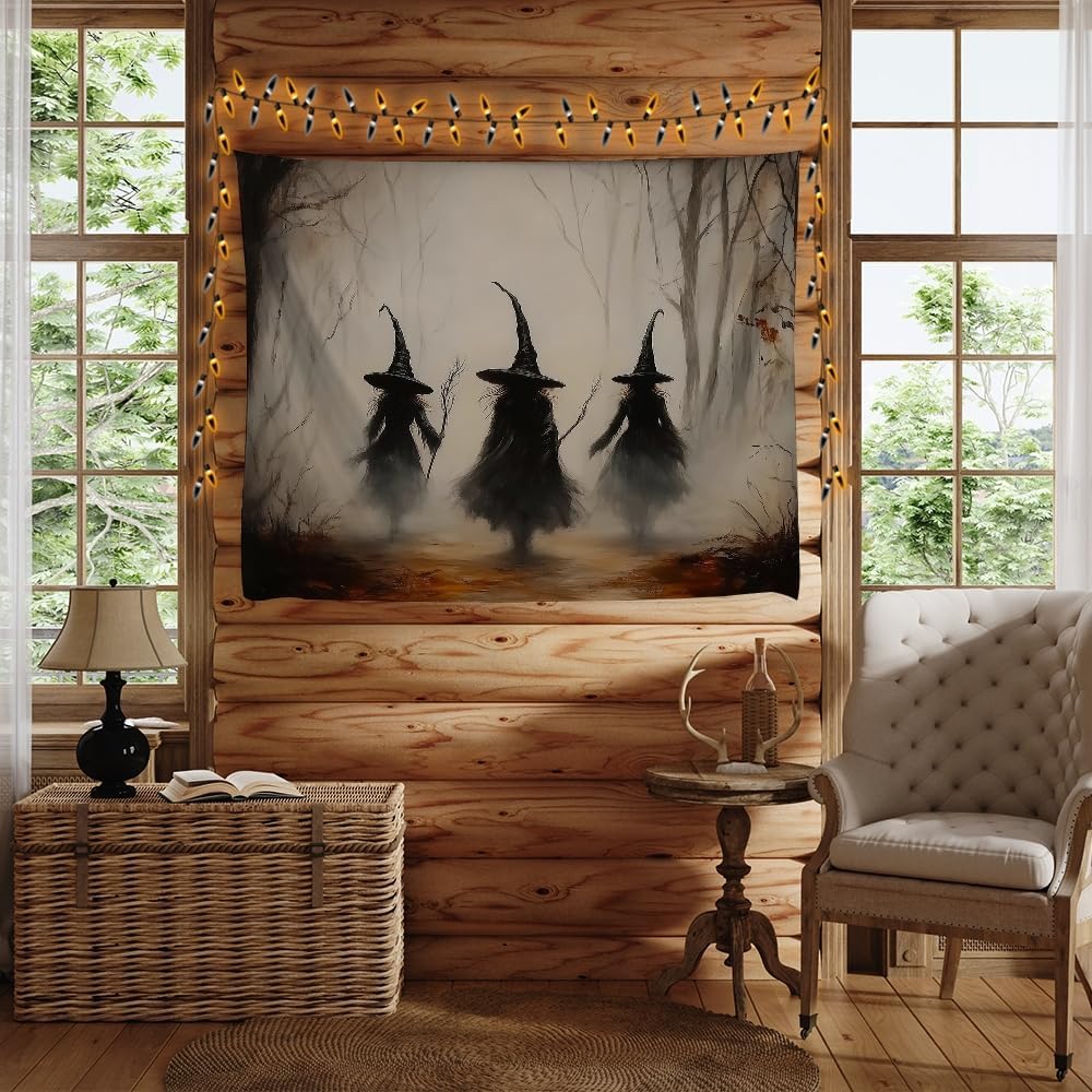 Witchy Halloween Tapestry Wall Hanging Vintage Spooky Witch Room Print Dark Academia Autumn Forest Three Witches Tapestries Decor for Halloween Living Room Bedroom Decoration 60x80inch