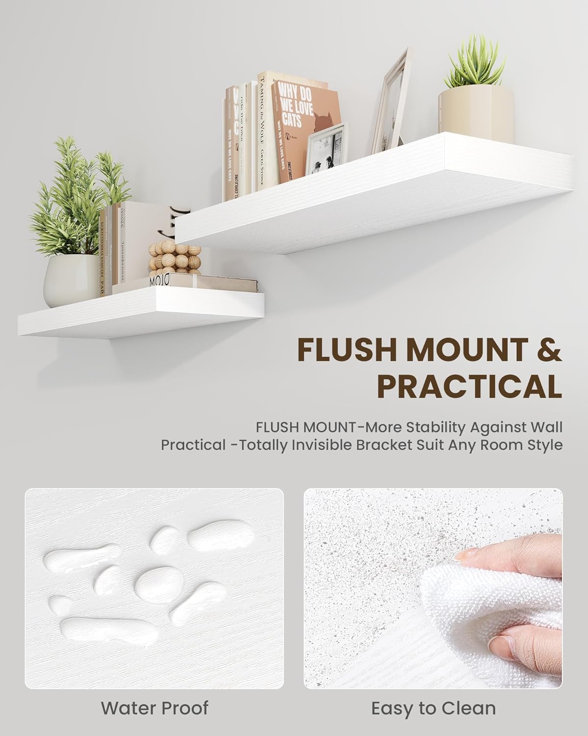 Marsmiles 48" Floating Shelves for Wall, Wooden Shelves with Invisible Brackets Set of 2, Rustic Farmhouse Wall Mounted Shelf for Kitchen Bathroom Living Room Study, White