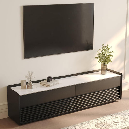 POVISON Fully-Assembled Mid Century Glossy Sintered Stone TV Stand, 70.87" Wood Media Console with Adjustable LED Light, Entertainment Center with Storage for Living Room