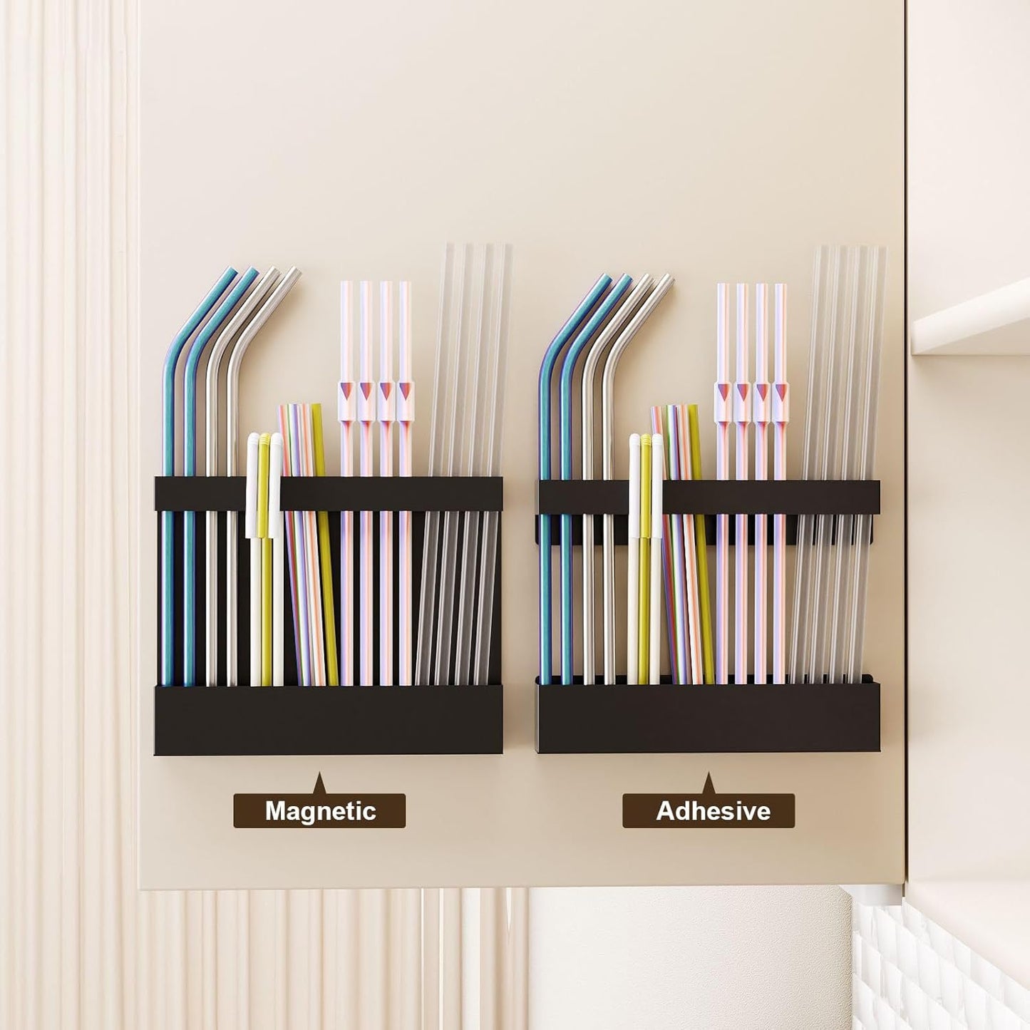 Magnetic & Adhesive Straw Organizer – Carbon Steel Utensil Holder for Reusable Straws, Chopsticks & Stirrers – Wall or Fridge Mount, Space-Saving Black Storage Rack