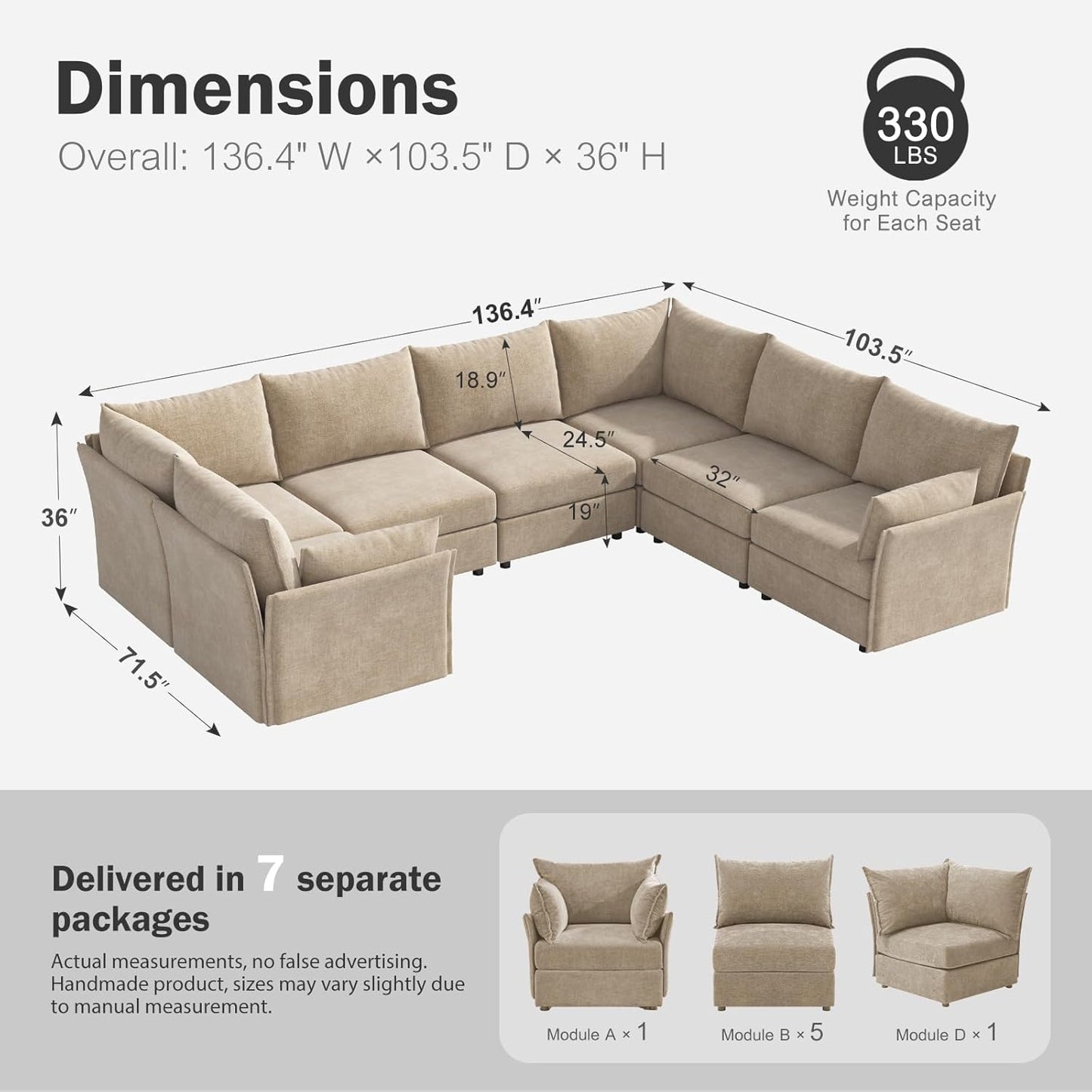 136.4" Oversized Modular Sectional Sofa, U Shaped Convertible Couch with Movable Ottoman, Large 7 Seat Corner Couches for Living Room Deep Seat Beige Chenille