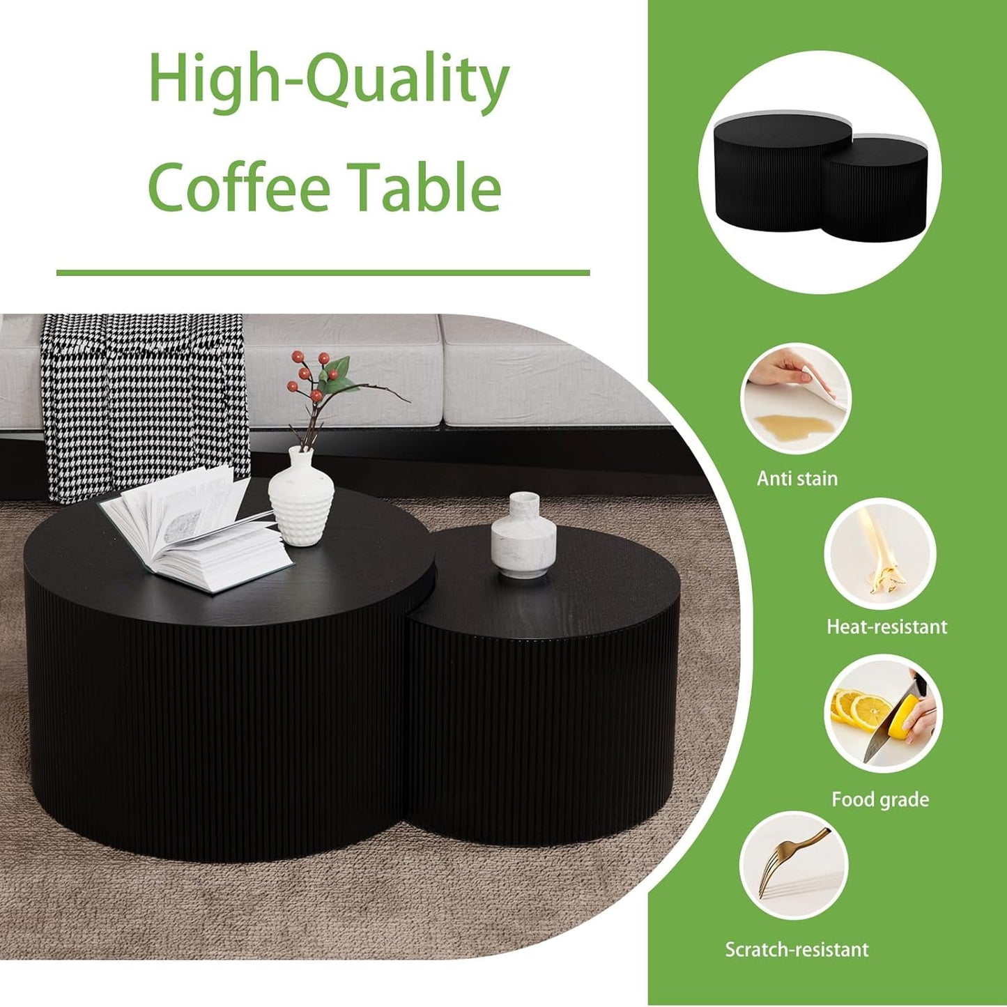 Round Coffee Table Set of 2, Nesting Coffee Table and End Table Set Small Circle Drum Side Table for Living Room Office, No Assembly (D Black Crescent)