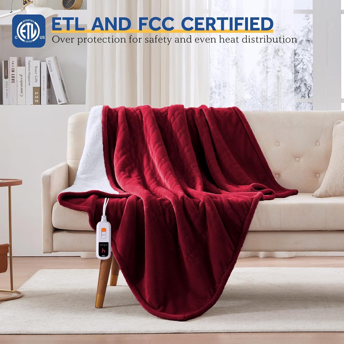 Sealy Electric Blanket Throw Size 50"*60",Super Cozy Flannel to Sherpa Reversible Heated Blanket Throw with 6 Heating Levels & 2-10 Hours Auto Off Overheating Protection Machine Washable,Red