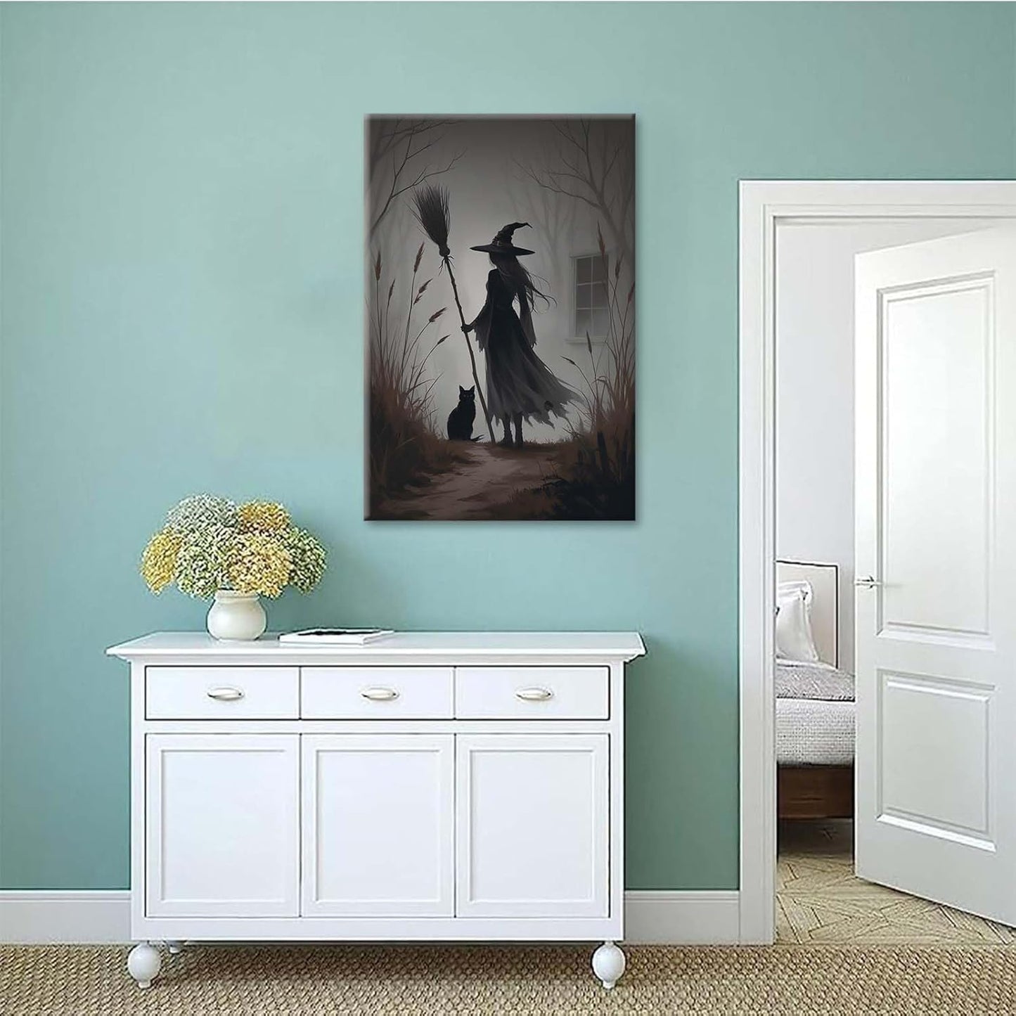 JFHCQJPK Vintage forest witch and black cat poster Halloween mural poster decoration mural art magic suitable for home living room bedroom24x36in Frameless