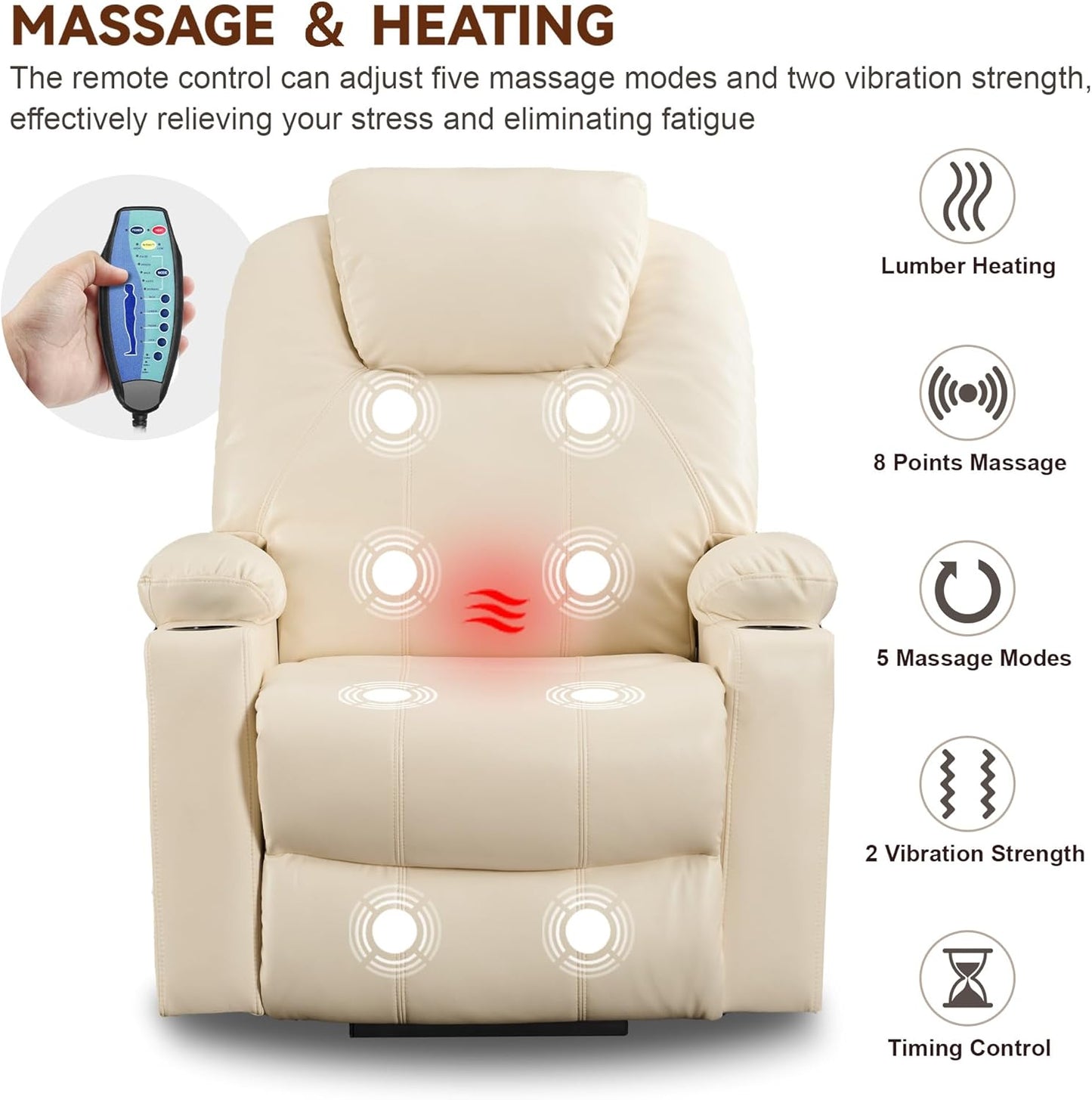 SALOHZA Power Lift Recliner Chair for Elderly with Massage and Heat for Living Room, Electric Recliner Chair for Adults with USB/Type C Port/Cup Holders, PU Faux Leather, Cream White