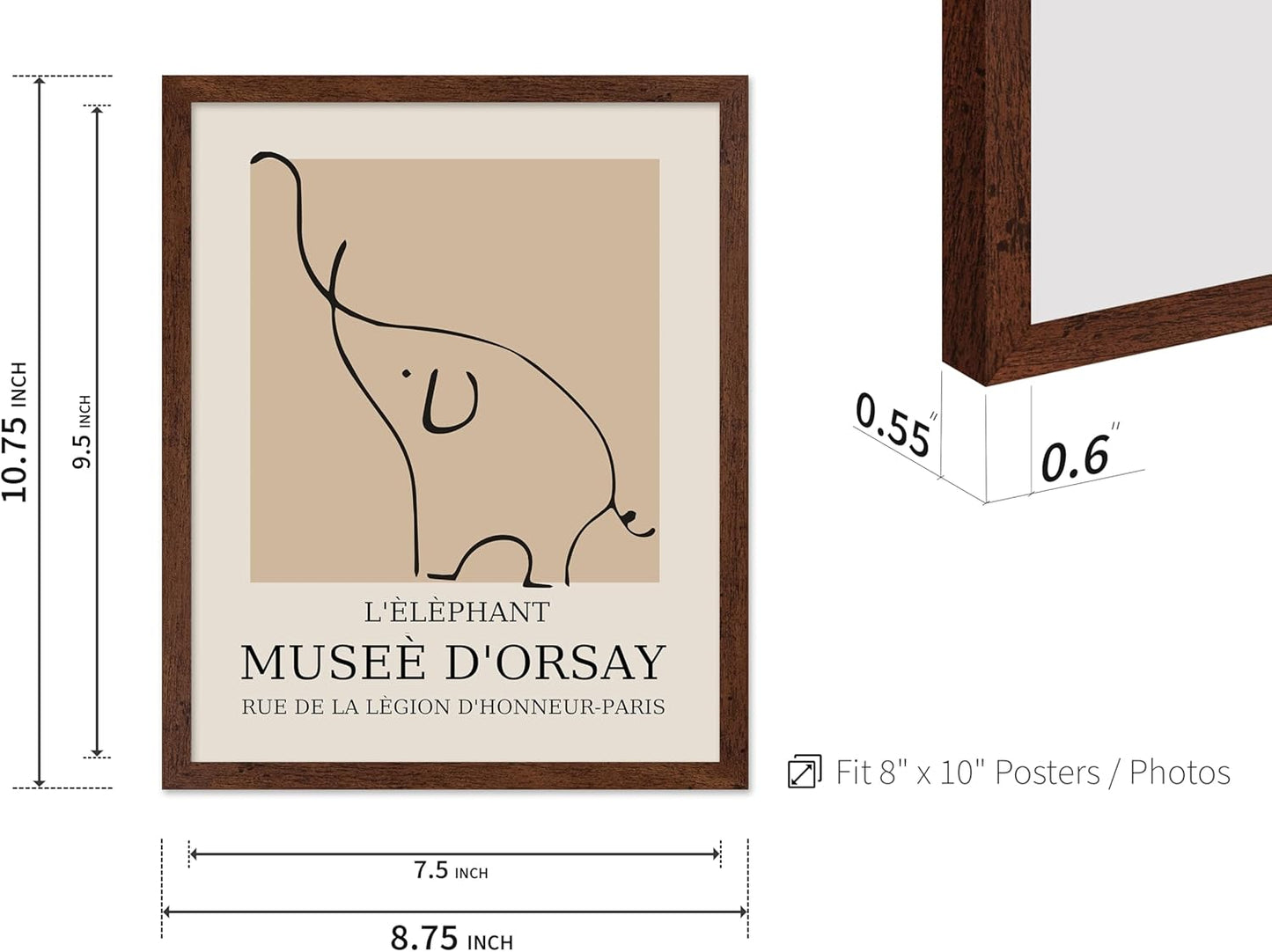 Poster Master Vintage Poster - Retro Minimalist Print - Gift for Artist, Housewarming - Elephant, Line Drawing, Sketch, Abstract - Wall Decor for Living Room, Bedroom, 8x10 Brown Framed