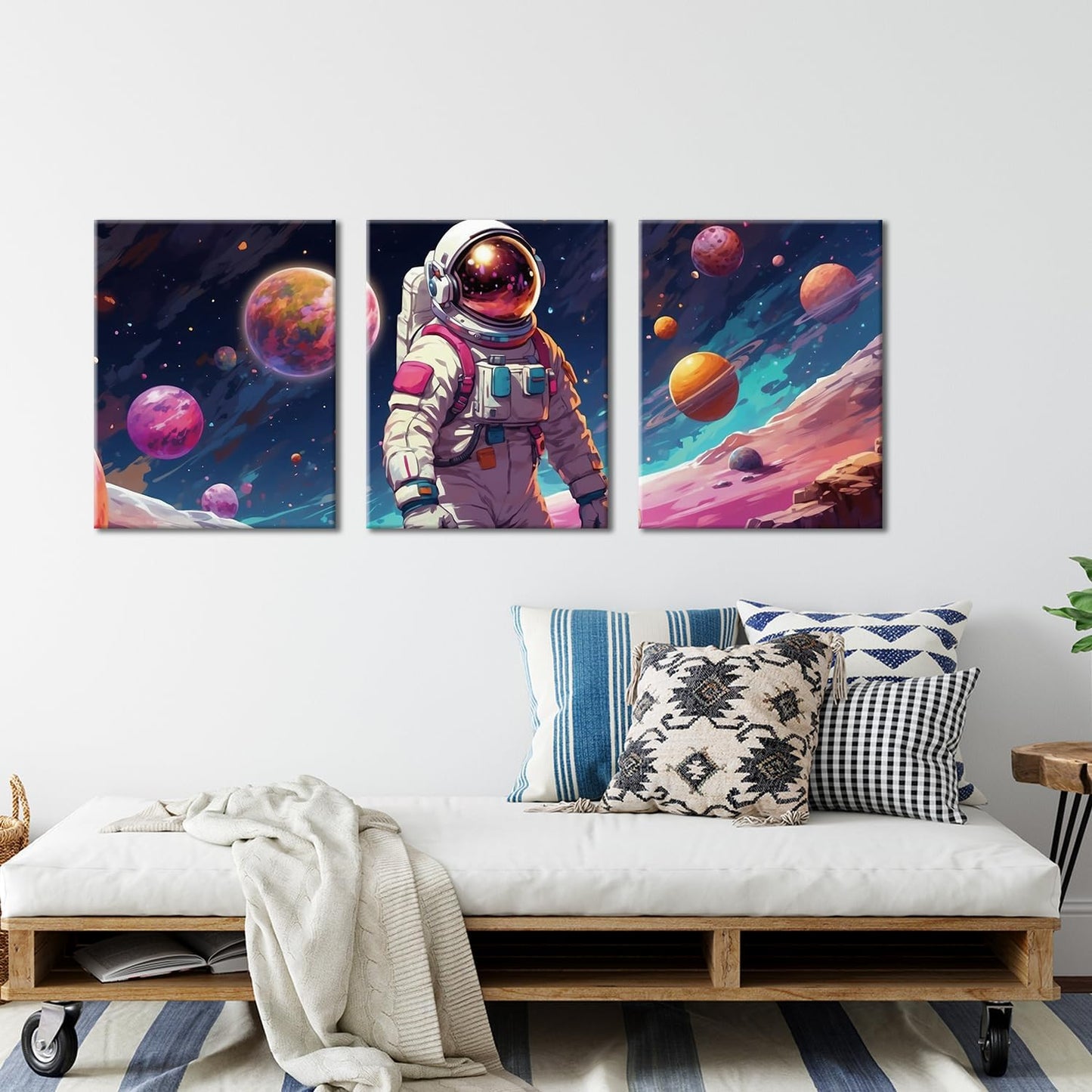 Outer Space Wall Art - Astronaut Spaceman Planets Canvas Prints Posters, Framed Artwork for Space Room Boys Bedroom Playroom Home Decorations, 3 Panels