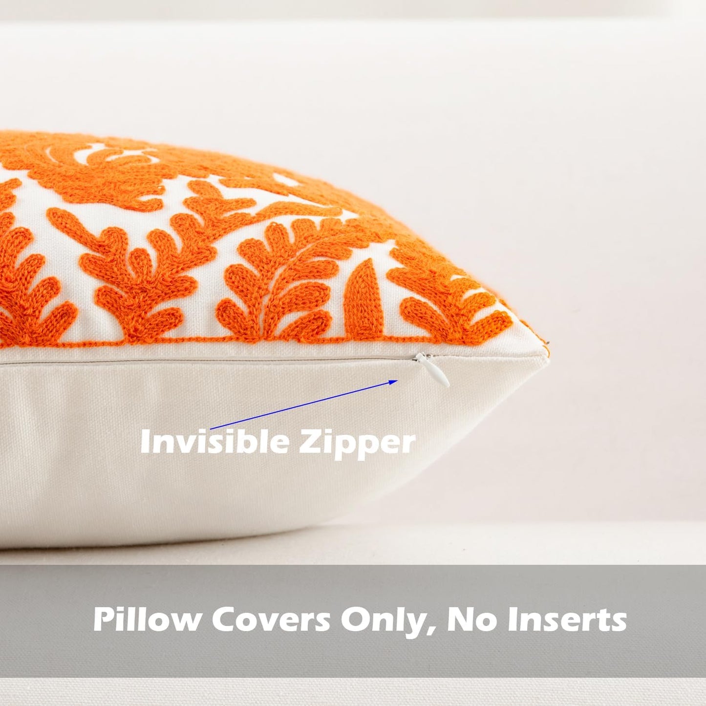 HWY 50 Orange Fall Decorative Throw Pillow Covers 18x18 Inch (1 Piece), Embroidered Cotton Farmhouse Cushion Cover Pillow Case for Sofa Couch Living Room Bed Bedroon, Floral Branches