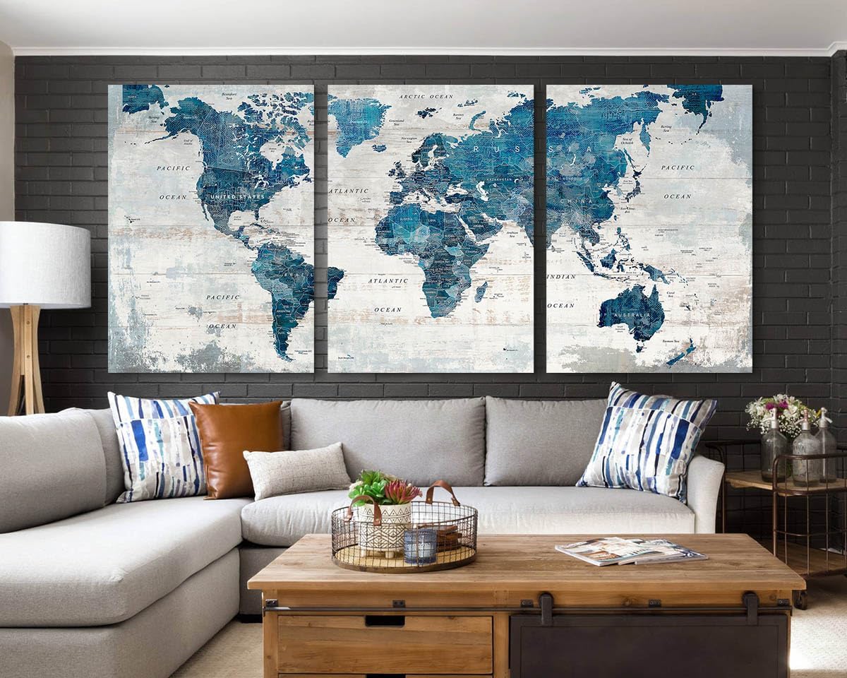 Large Wall Art Canvas Wall Decor Living Room Vintage Giant Blue Map Pictures Office Decorations Rustic Decor Travel Paintings Oversized