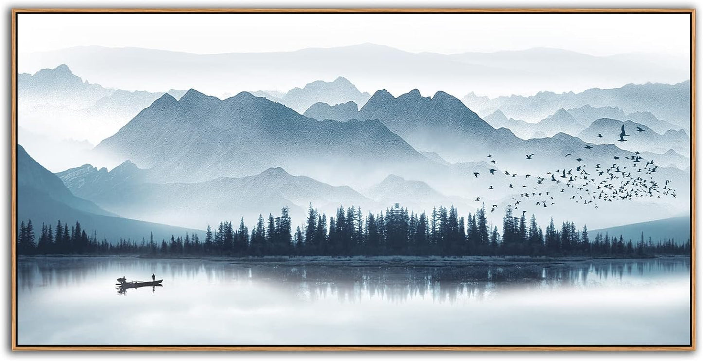 Indigo Framed Canvas Wall Art Misty Mountain Wall Pictures Foggy Lake Boat Canvas Painting Prints Forest Birds Canvas Wall Decor for Living Room Bedroom Decorations Natural Framed 24" x 48"