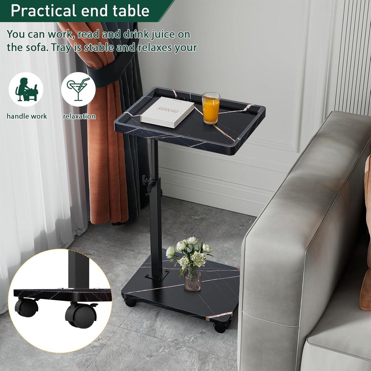 C Table End Table Adjustable Height, 360°Swivel TV Tray Table for Small Spaces, Couch Tables That Slide Under, C Shaped Side Tables Living Room and Bedroom for Sofa, Bed,Chair, Snack (Black)