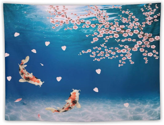 Japanese Koi Fish Tapestry, Cherry Blossoms Asian Oriental Blue Floral Branch Koi Fish Carp Tapestries Wall Hanging for Bedroom Living Room Office Decor 80"x60"