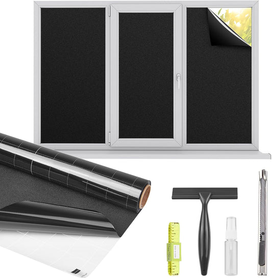Kromapolis Blackout Window Privacy Film Total Light Blocking Room Darkening Window Covering, Removable Static Cling Frosted Glass Tint, Non-Adhesive, Black 23.6'' x 157.4''