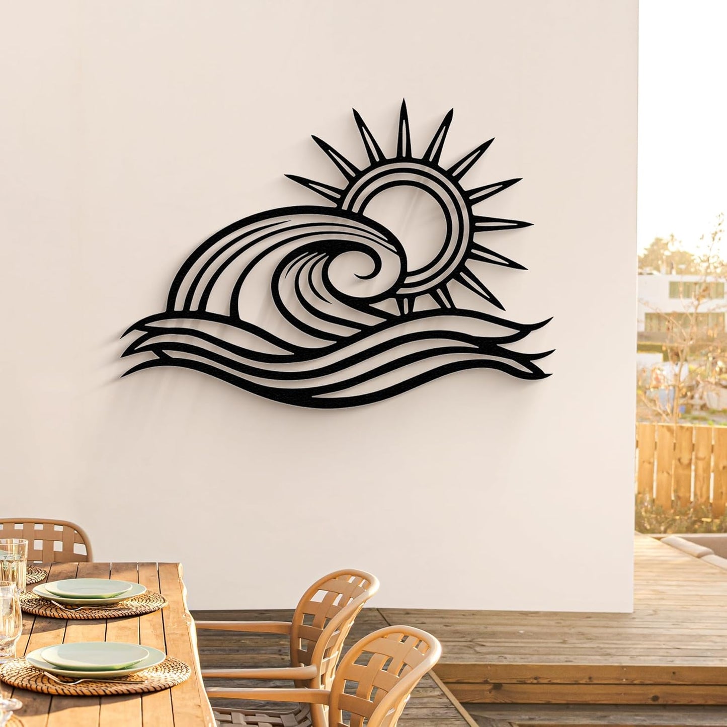 Wita Home Ocean Wave Metal Wall Art, Sun Beach Decor, Coastal Large Wall Sculpture for Home, Indoor/Outdoor Use, Nautical Wall Hanging, Eye-Catching Addition to Living Room (Black, 48 x 28 inches)