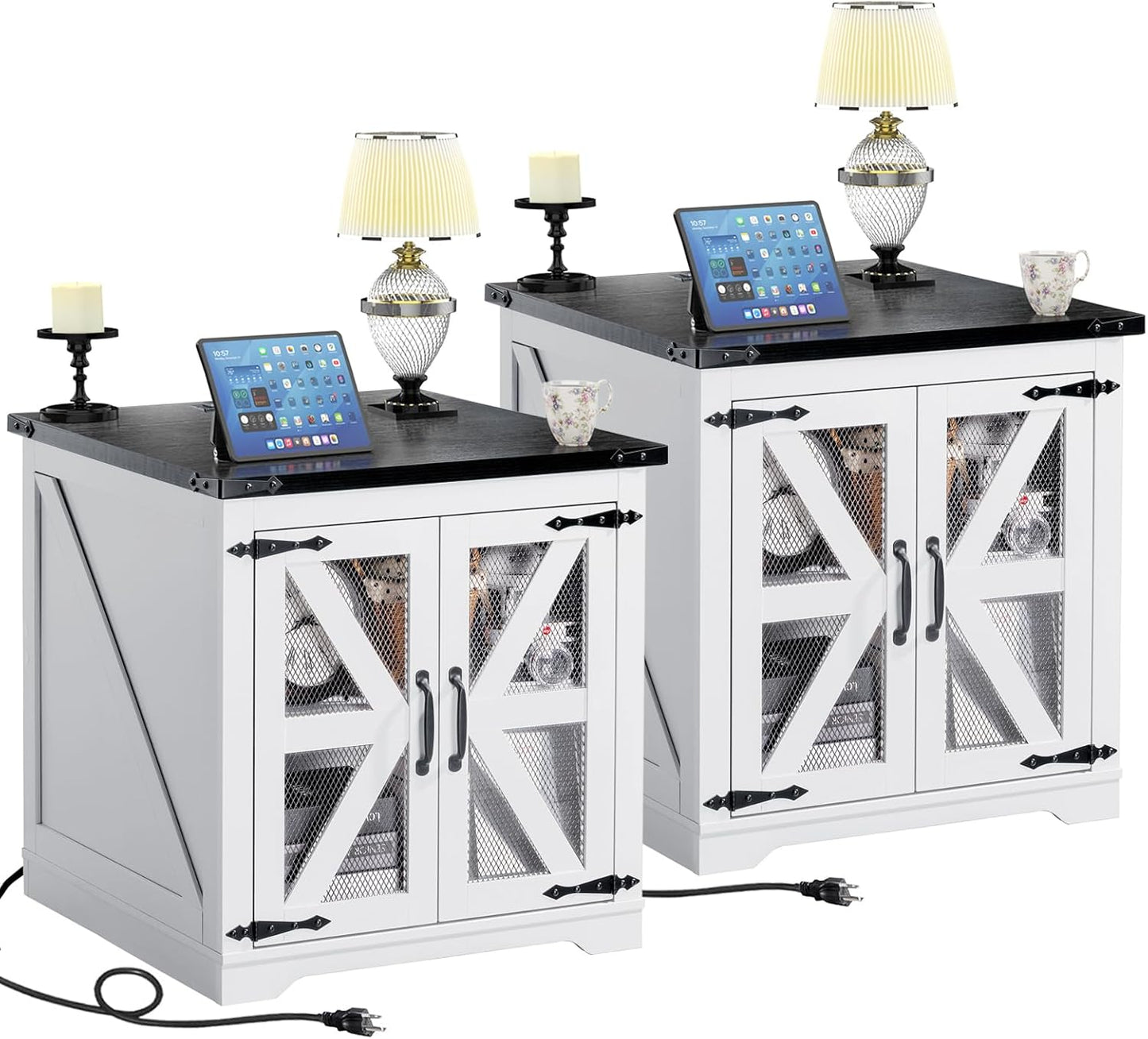 Farmhouse End Table Set of 2, 24" Large Sofa Side Table with Charging Station, Mesh Barn Door, White Nightstand with Adjustable Storage Shelf, Square Nightstand for Living Room, Bedroom