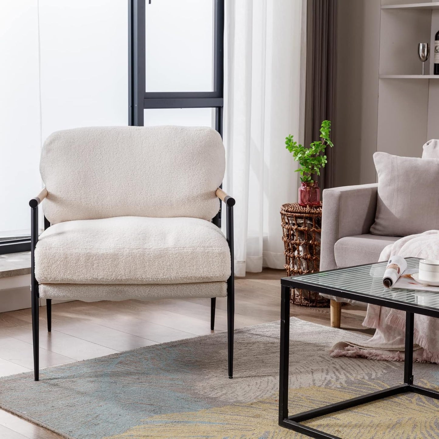 Mid-Century Accent Chair Set of 2, Soft Armchair Sherpa Fabric Lounge Chair with Black Metal Legs, Upholstered Leisure Chair for Living Room Bedroom Reception Room, White