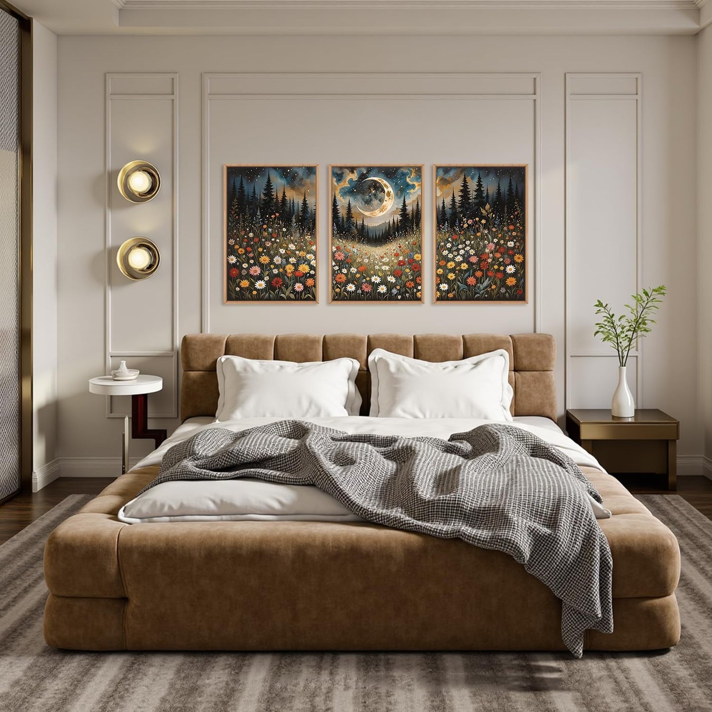 HPINUB Wildflower Moon Pine Tree Framed Canvas Wall Art Set,Nature Forest Wall Decor,Mystical Starry Night Artwork Rustic Mountain Landscape Art Print for Living Room,Bedroom,Office-24 x36 x3