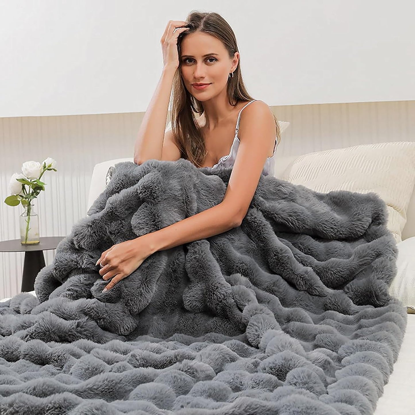 UKELER Soft Faux Fur Throw Blanket 50''x60'' Solid Reversible Shaggy Blanket Plush Thick Fluffy Blankets Throws for Bed, Couch, Sofa, Office, Camping Dark Grey