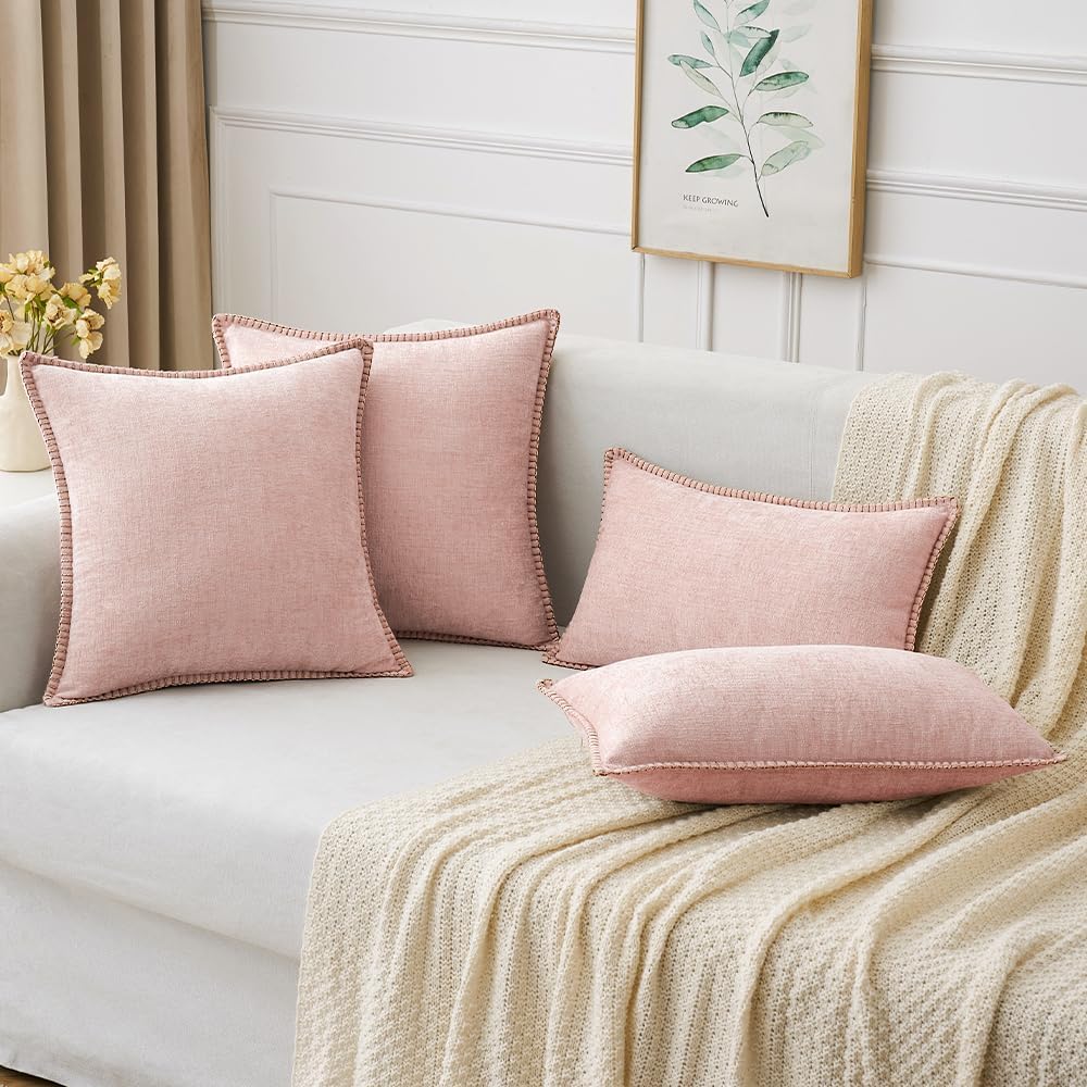 MIULEE Pack of 2 Couch Throw Pillow Covers 16x16 Inch Pink Farmhouse Valentine Decorative Pillow Covers with Stitched Edge Soft Chenille Solid Dyed Spring Pillow Covers for Sofa Bed Living Room